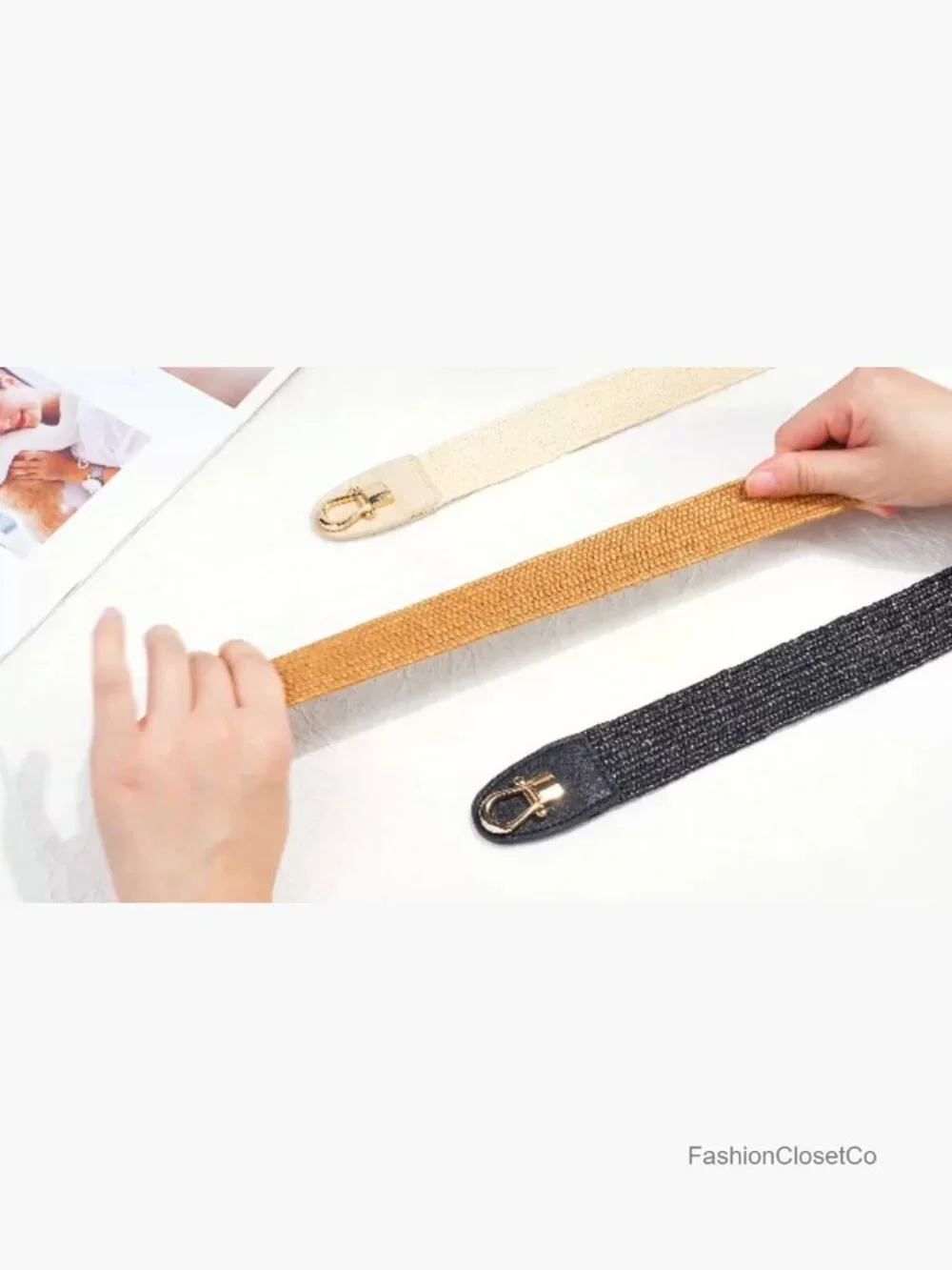 Straw Belt Elastic Waist Boho Braided Metal Buckle Stretch Belt for Dress